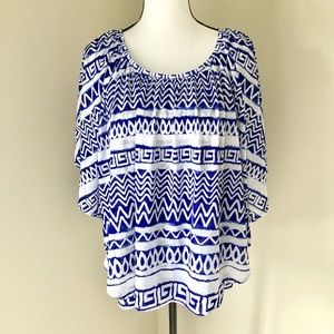 Chico's Blue and White Patterned Peasant Top